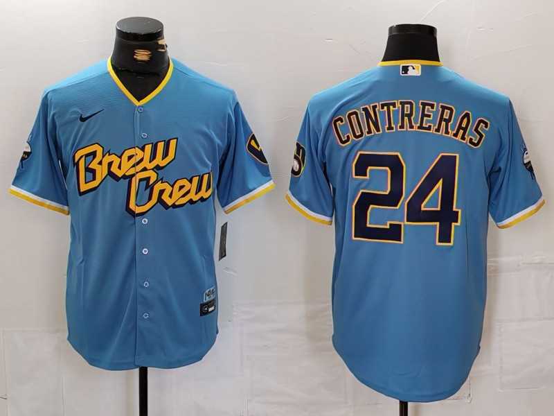 Men%27s Milwaukee Brewers #24 William Contreras Blue 2022 City Connect Cool Base Stitched Jersey